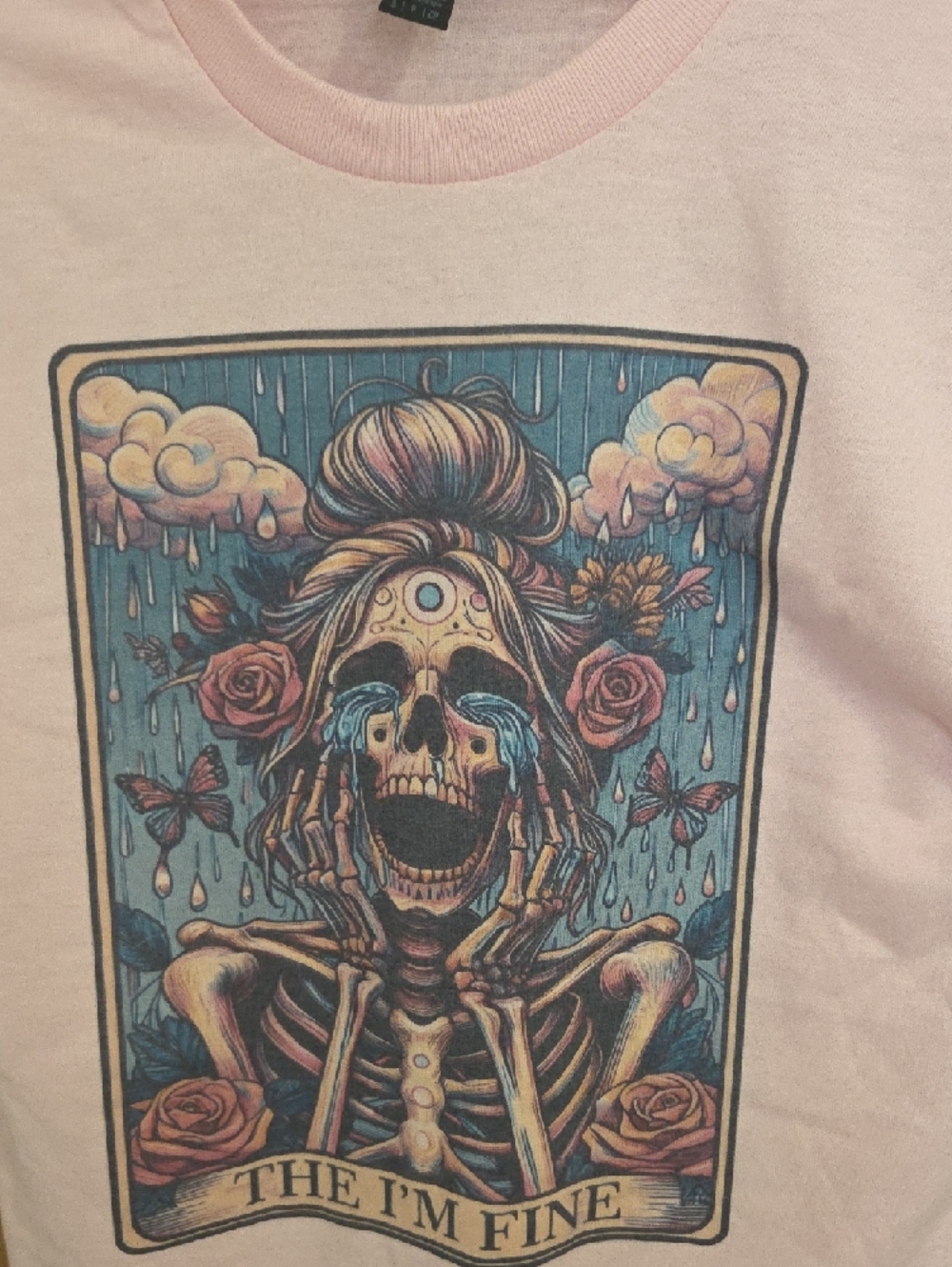Gildan Pink Short Sleeve Tee with Colorful 'The I'm Fine' Skeleton Graphic - Picture 3 of 6